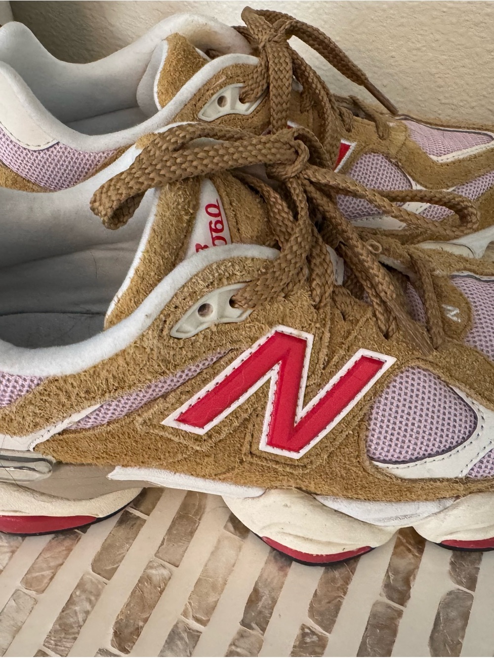 New Balance tan & pink sneakers with red N logo